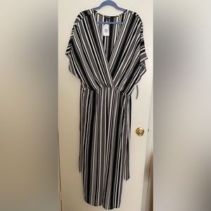 Plus size wide leg black & white stripe jumpsuit, ties at the waist, 3xl